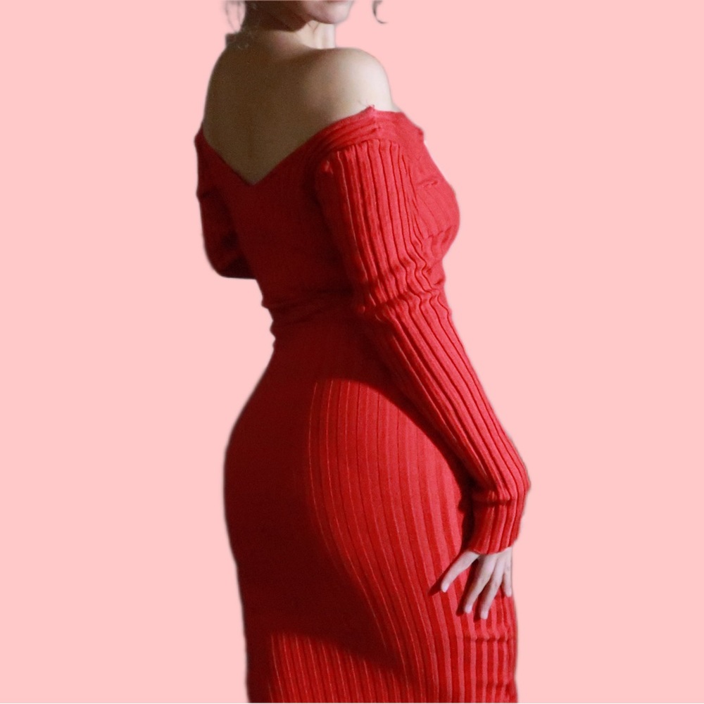 Red Off the Shoulder Sweater Dress